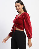 Madame Ruched V Neck Puff Sleeve Velvet Crop Top