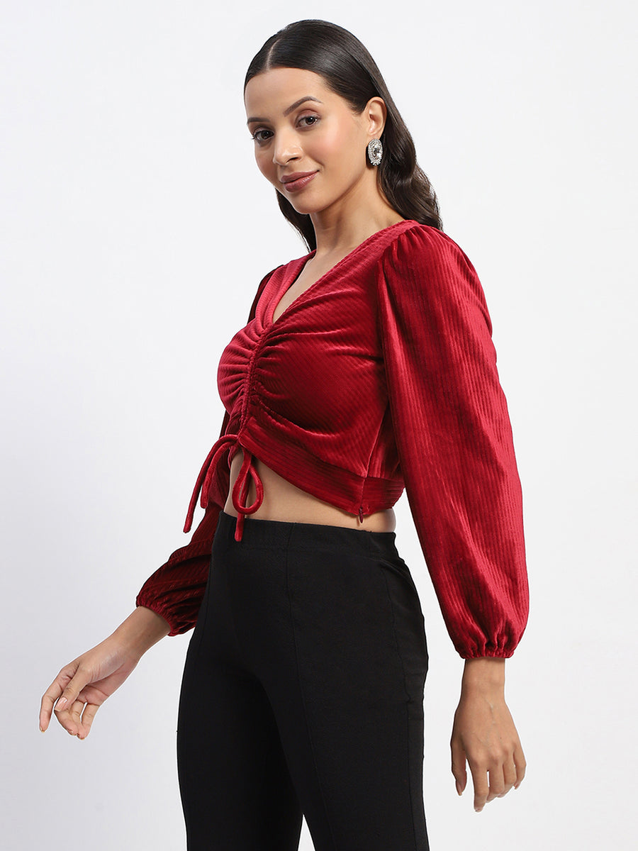 Madame Ruched V Neck Puff Sleeve Velvet Crop Top