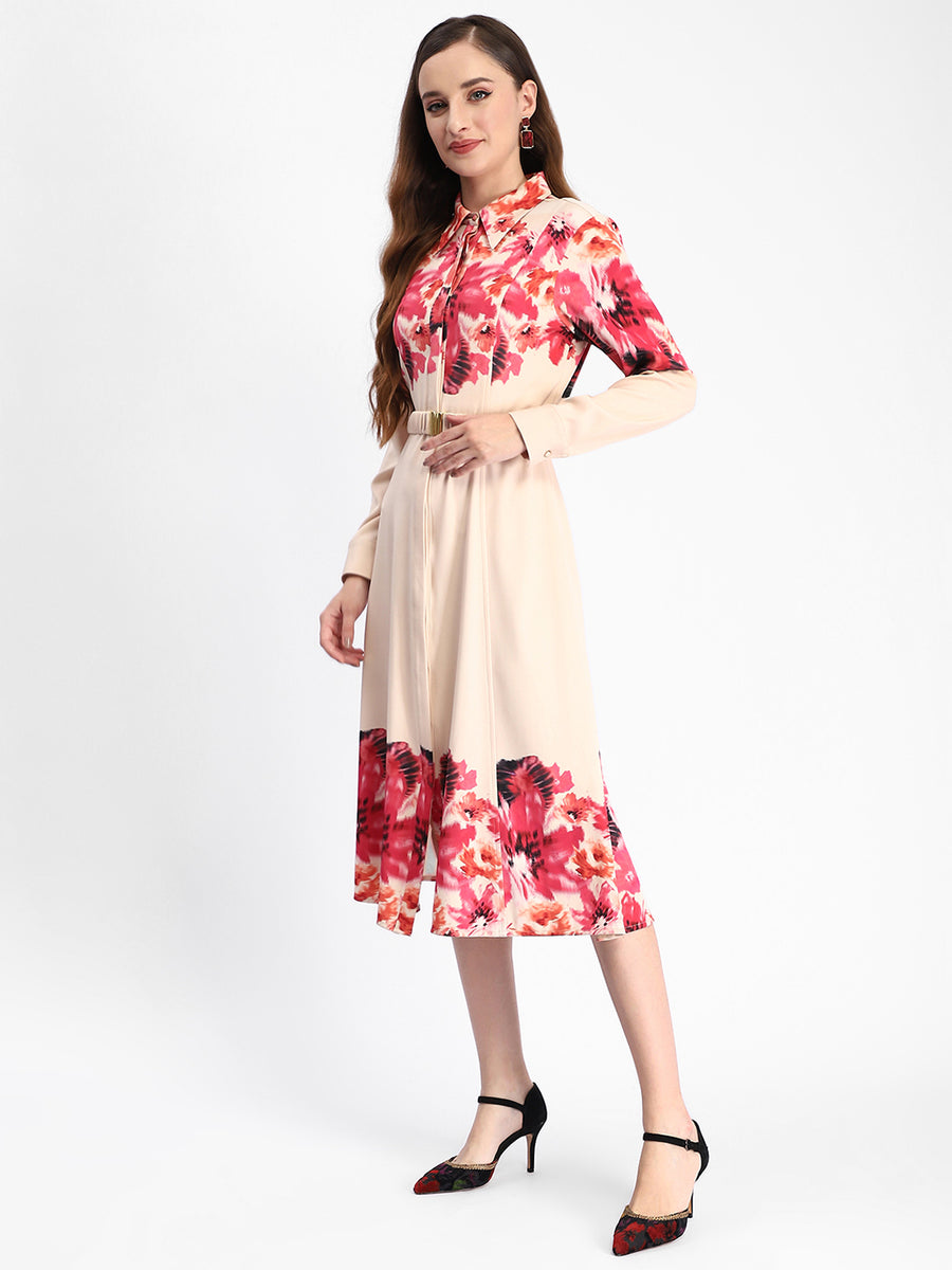 Madame Floral Printed Button Down Shirt A-Line Dress