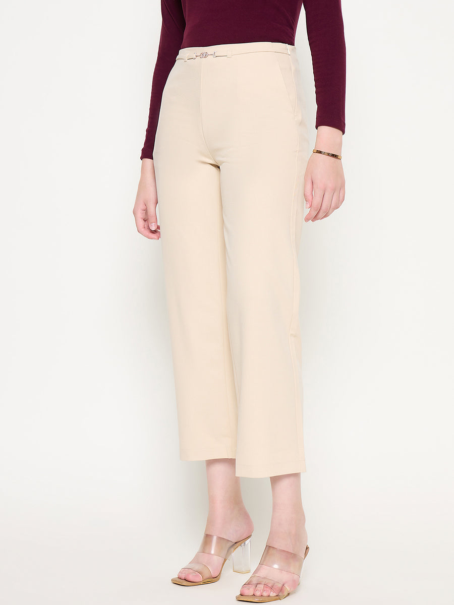 Madame Slash Pocketed Straight Fit Belted Solid Ivory Trousers