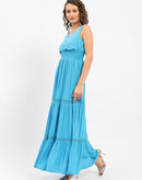 Madame Square Neckline Blue Tiered Dress