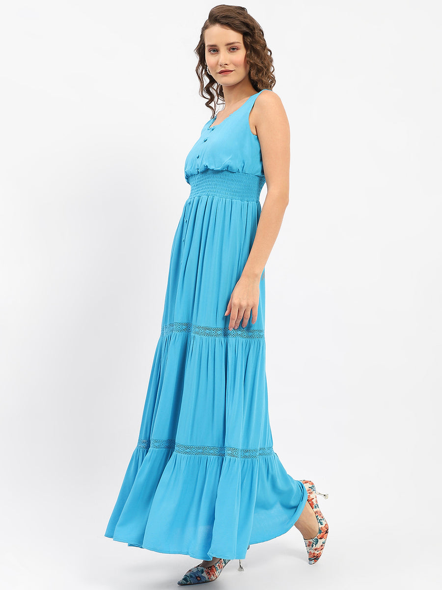 Madame Square Neckline Blue Tiered Dress