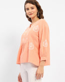 Madame Balloon Sleeve Peach Chikankari Work Top