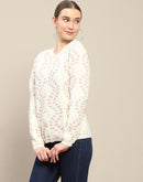 Madame Self Design Pearl Buttoned Off White Cardigan