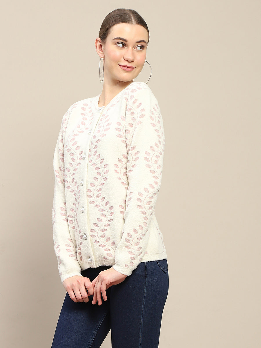 Madame Self Design Pearl Buttoned Off White Cardigan