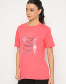 Madame Basic Fit Graphic Print Round Neck Half Sleeve Pink Top