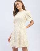 Madame Puff Sleeve Off-White Lace A-Line Dress