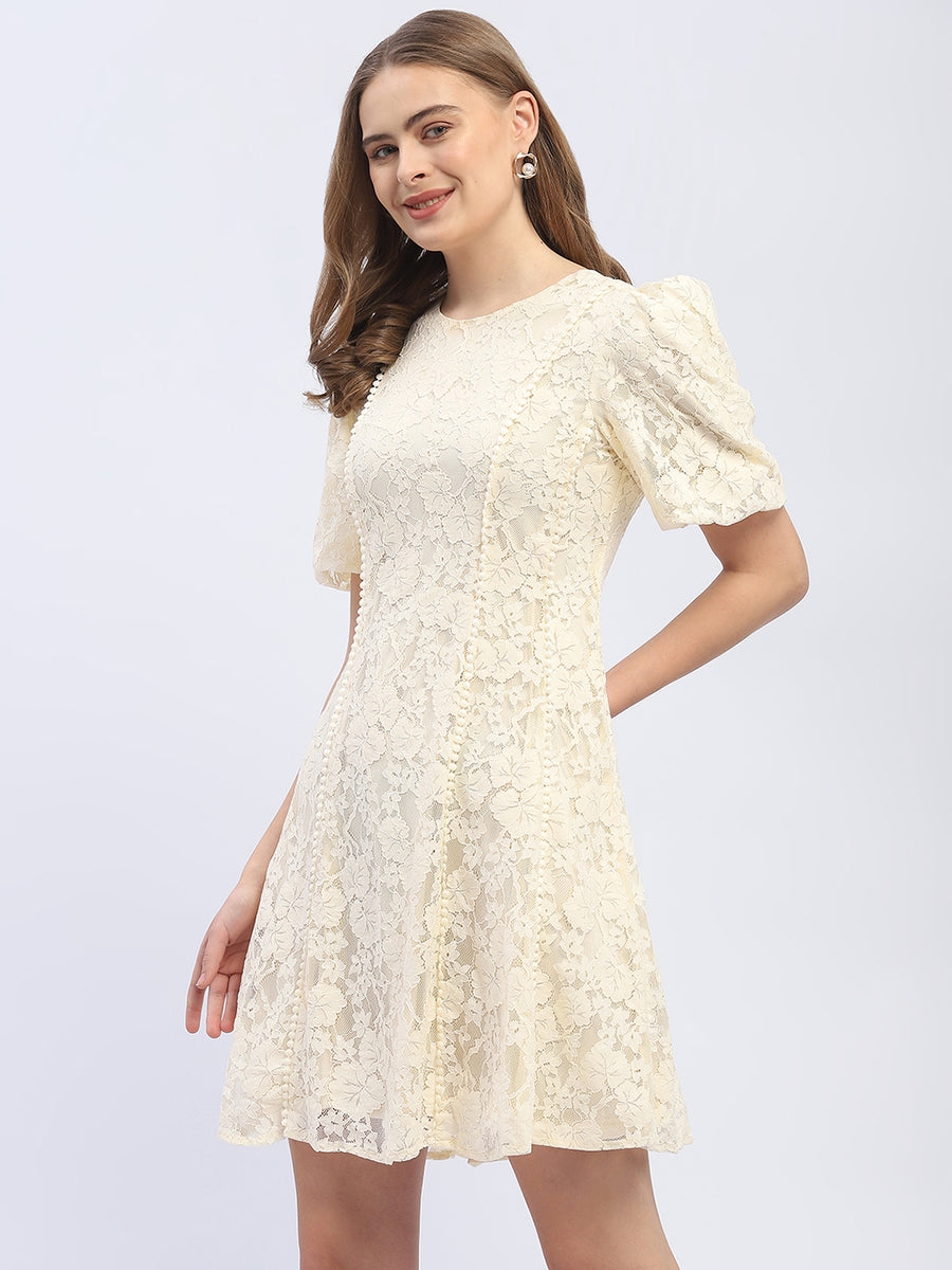 Madame Puff Sleeve Off-White Lace A-Line Dress