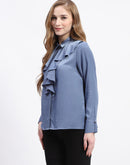 Madame Ruffle Collar Solid Blue Shirt