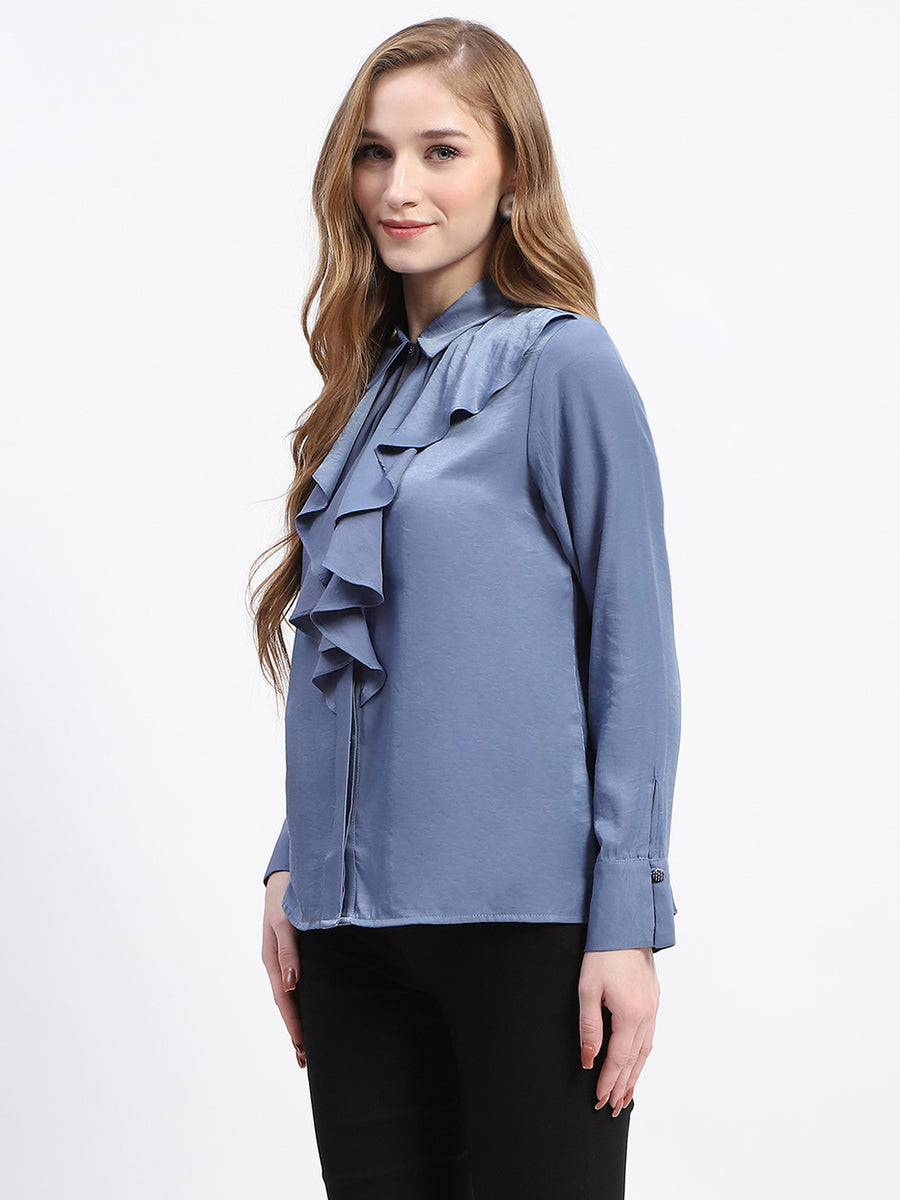 Madame Ruffle Collar Solid Blue Shirt