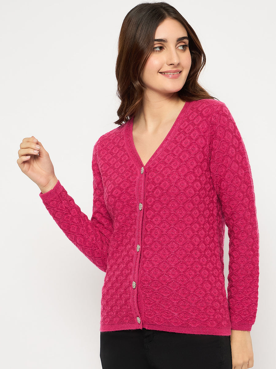 Madame Cable Knit V Neck Hot Pink Cardigan