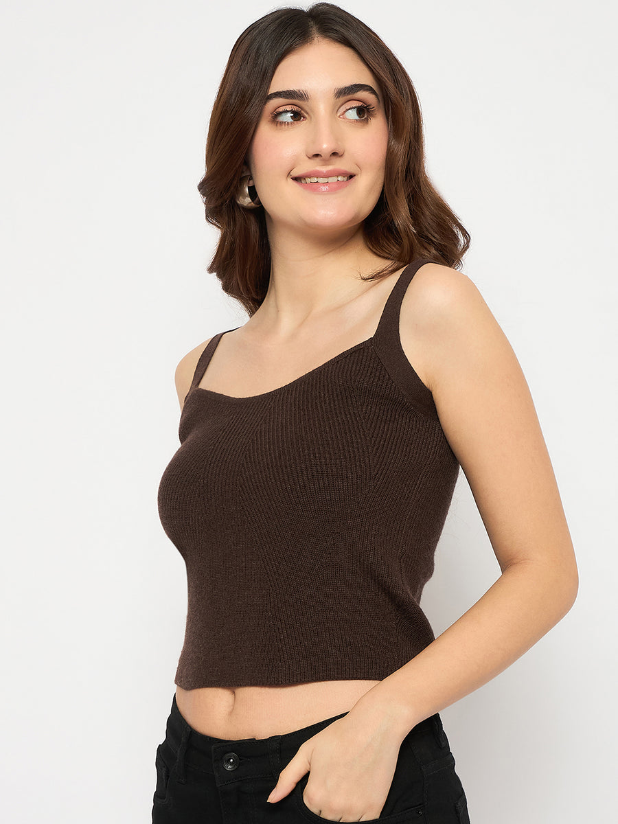 Madame Sleeveless Solid Coffee Brown Sweater