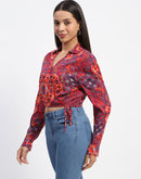 Madame Abstract Print Wrap Style Red Crop Shirt