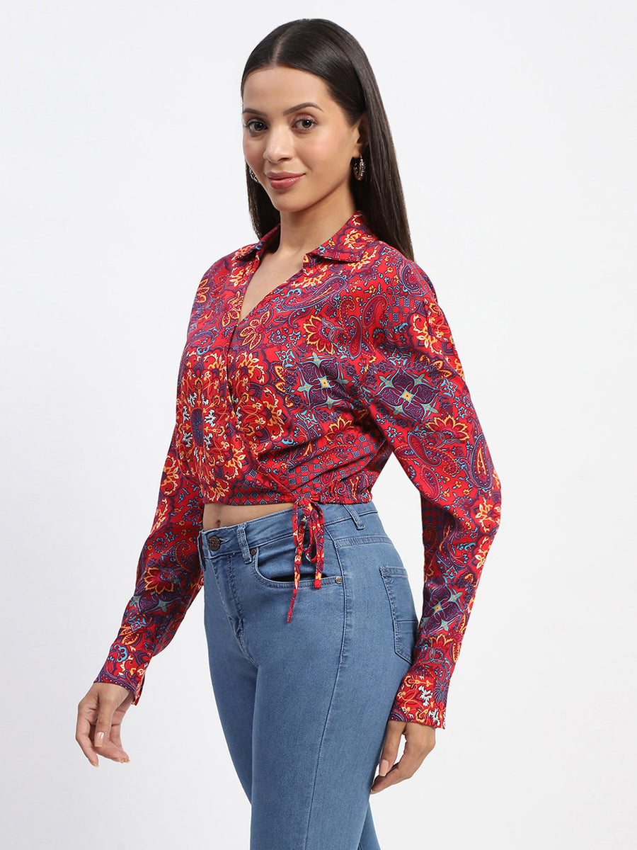 Madame Abstract Print Wrap Style Red Crop Shirt