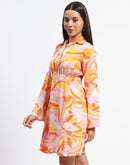 Madame Cinch Waist Abstract Print Bell Sleeves Orange Dress