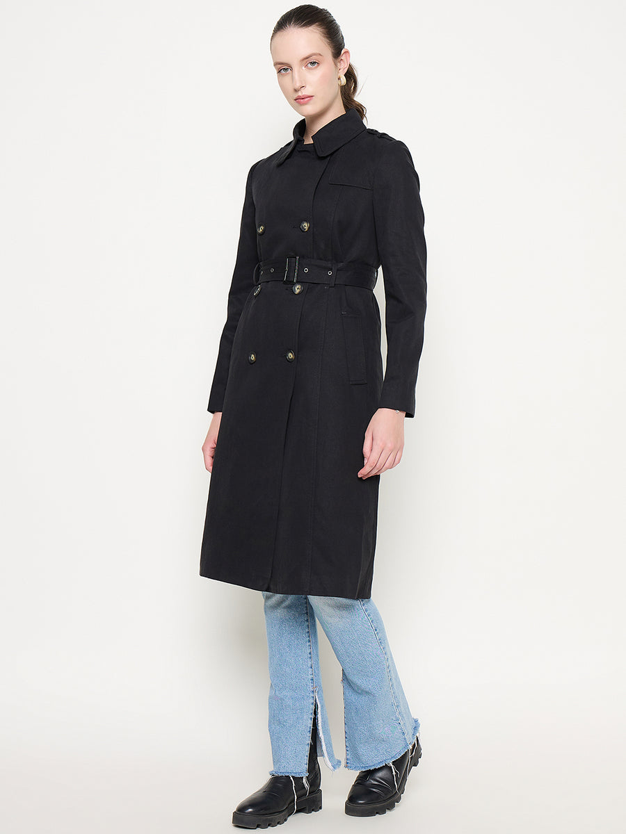 Madame Double Breasted Buckled Belt Black Trench Coat