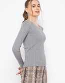 Madame Scalloped Neck Solid Grey Sweater