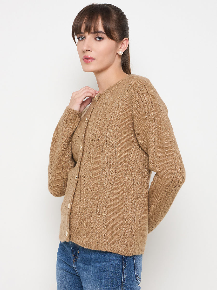 Madame Cable Knit Camel Acrylic Blend Cardigan