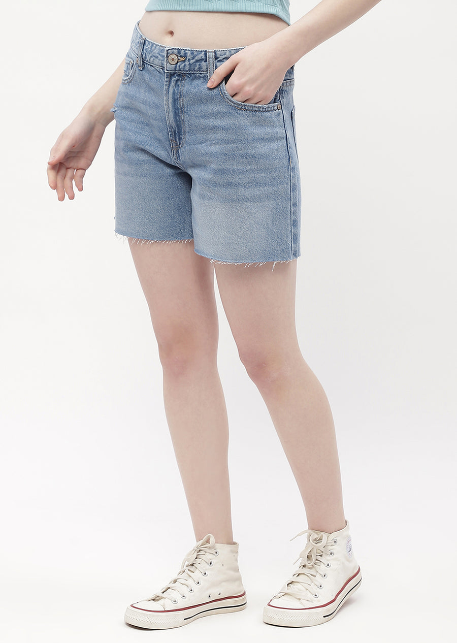 Madame Low Rise Blue Distressed Hem Shorts