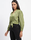 Madame Self Belted Waist Striped Green Shirt