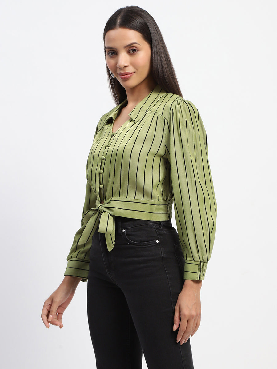 Madame Self Belted Waist Striped Green Shirt