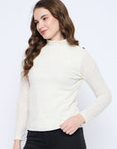 Madame Textured Mock Neck Solid Off White Top