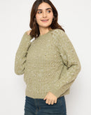 Madame Self Design Round Neck Green Sweater