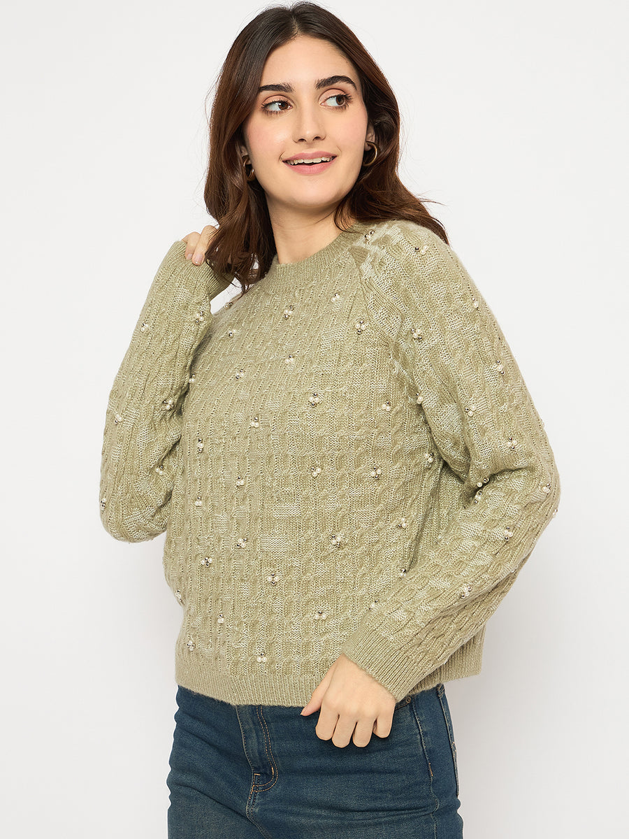 Madame Self Design Round Neck Green Sweater