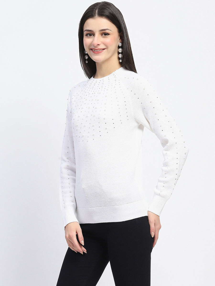 Madame Solid Full Sleeve Off White Knitted Top