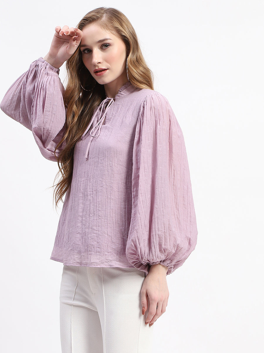 Madame Mock Neck Solid Mauve Cotton Blend