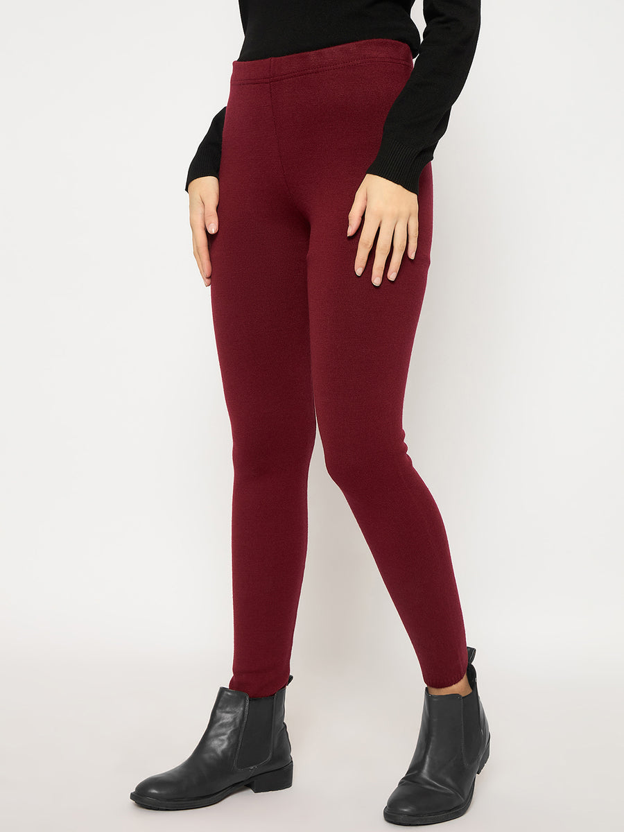 Madame Skinny Fit Solid Maroon Tights