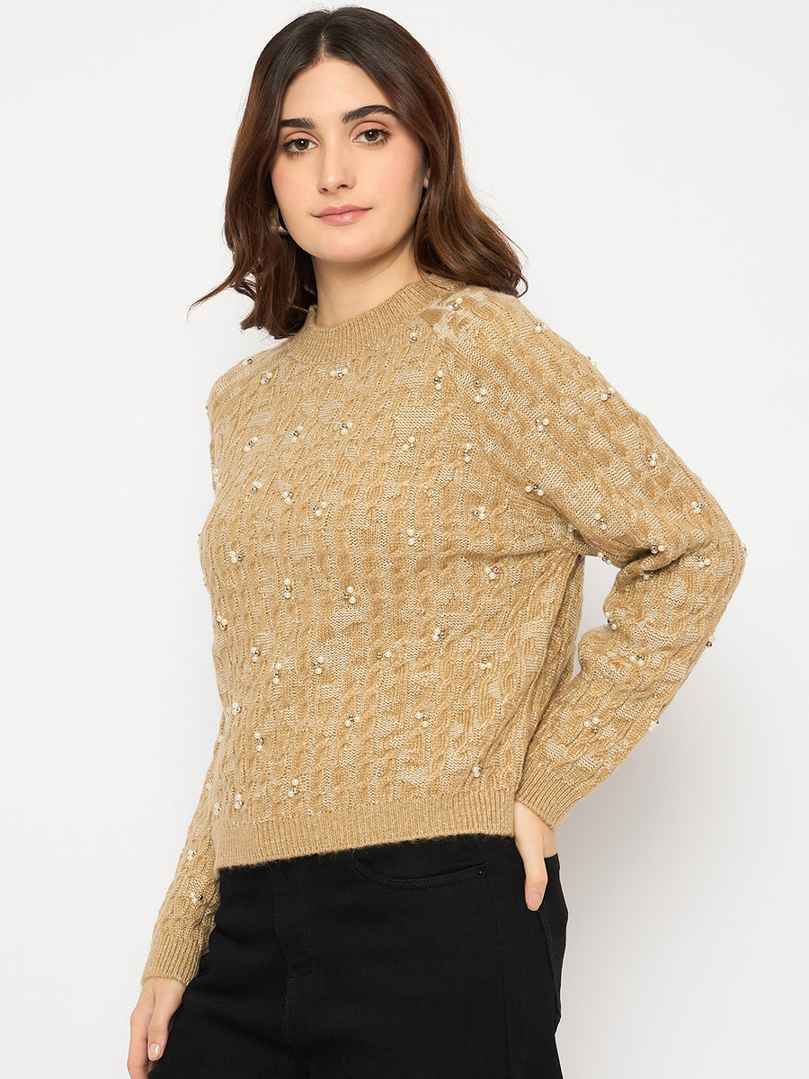 Madame Self Design Crew Neck Brown Sweater