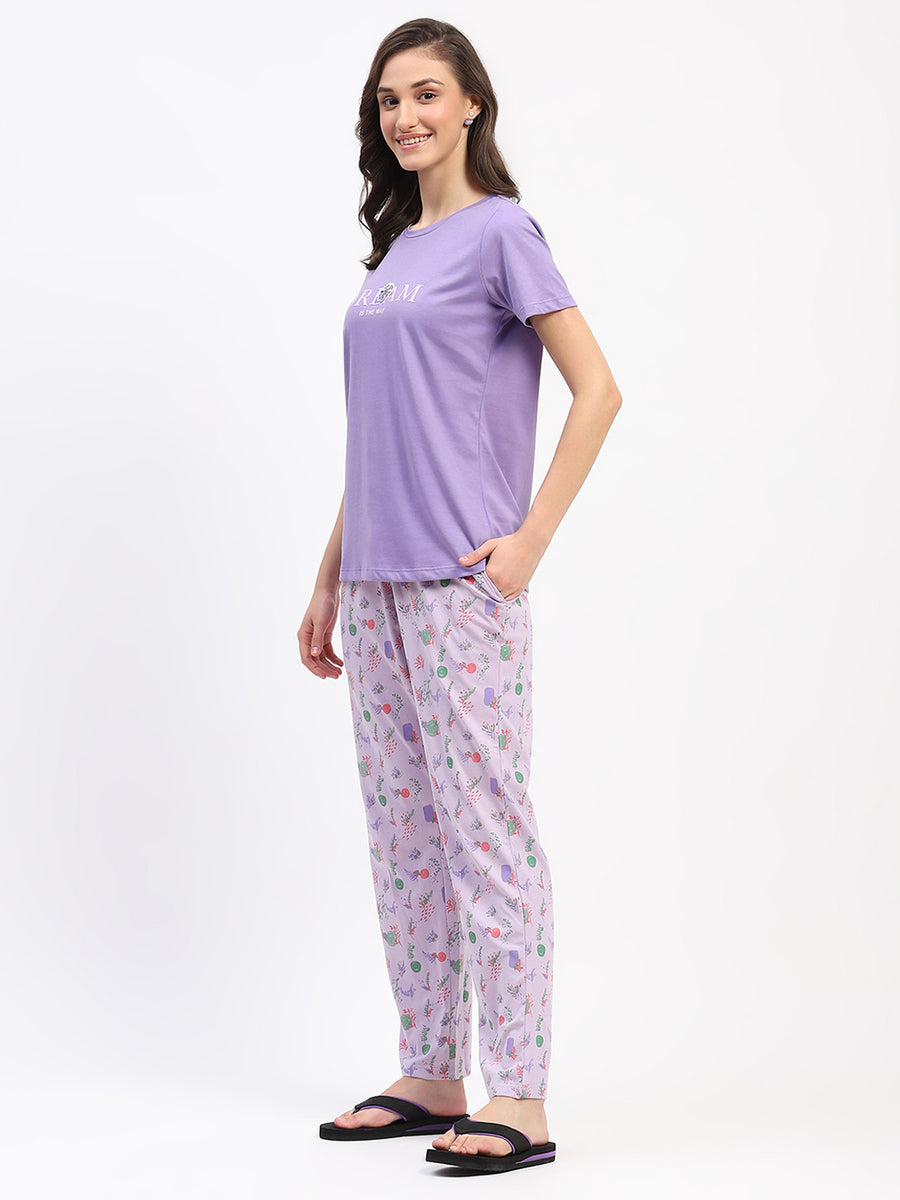 mSECRET Cotton Mauve Night Set with Typography Floral Print