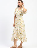 Madame Floral Print Wrap Detailed Yellow Midi Dress