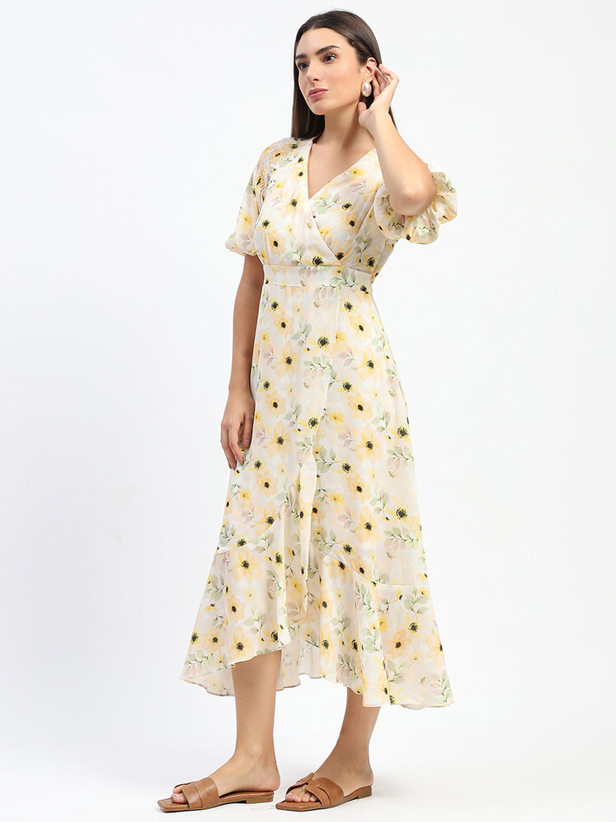 Madame Floral Print Wrap Detailed Yellow Midi Dress