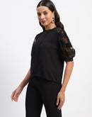 Madame Embroidered Crew Neck Black Mesh Top