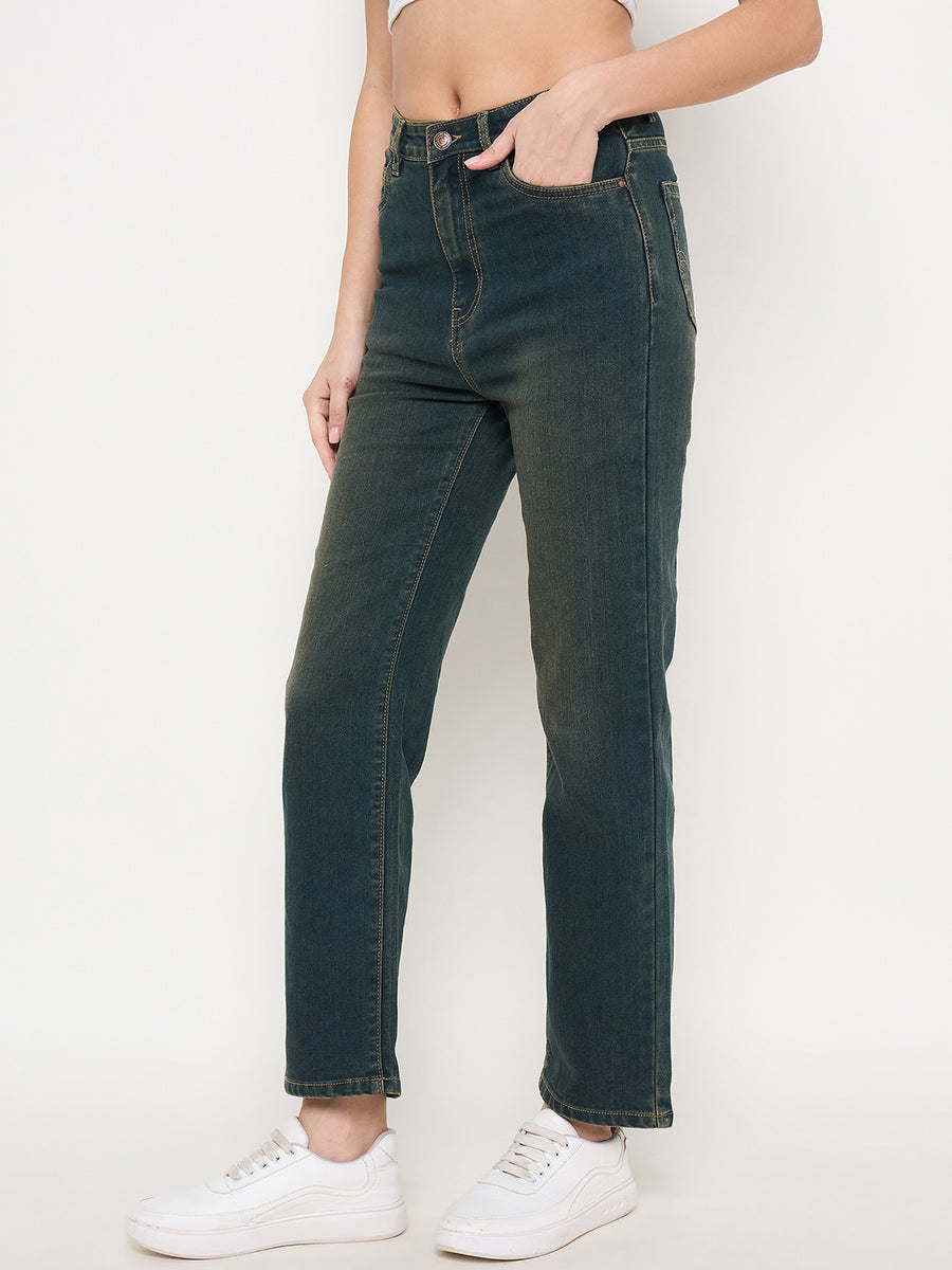 Madame Green Tinted Stone Wash Cotton Blend Denim Jeans