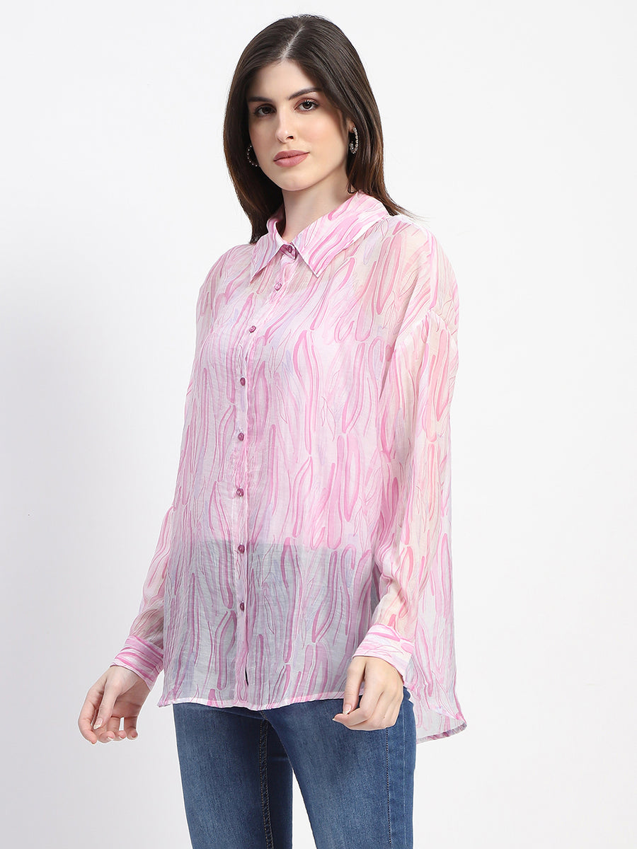 Madame Semi Sheer Abstract Print Baby Pink Shirt