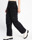 Madame Multi Pocketed Charcoal Black Cotton Denim Cargo