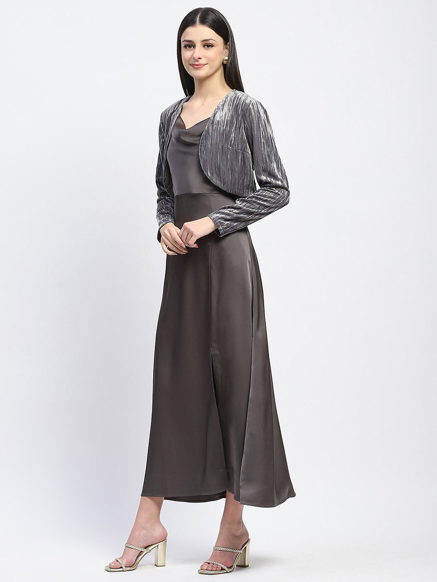 Madame Cowl Neck Solid Grey Satin Maxi Dress