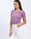 Madame Ribbed Round Neck Bodycon Solid Lilac Top