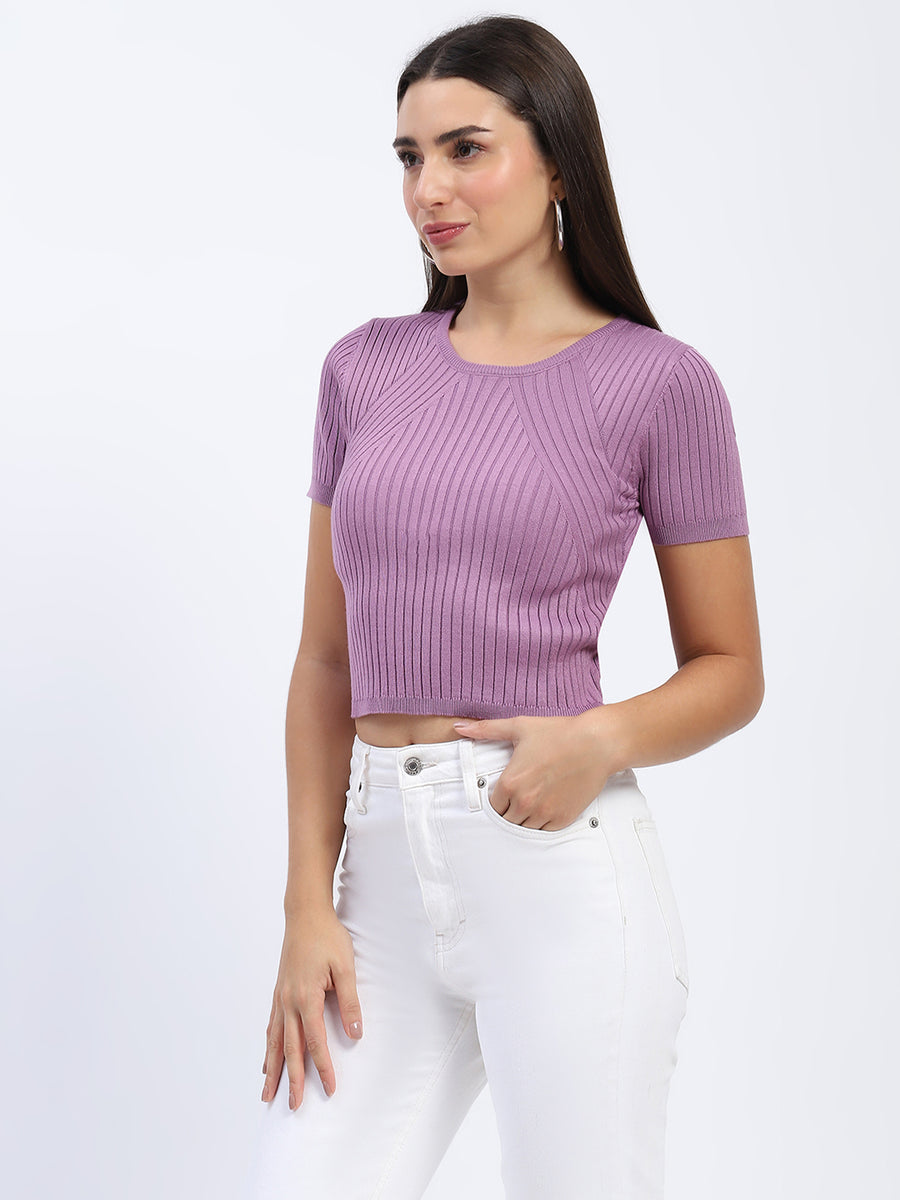 Madame Ribbed Round Neck Bodycon Solid Lilac Top