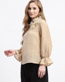 Madame Beige Ruffle Sleeve Textured Tencel Blend Top