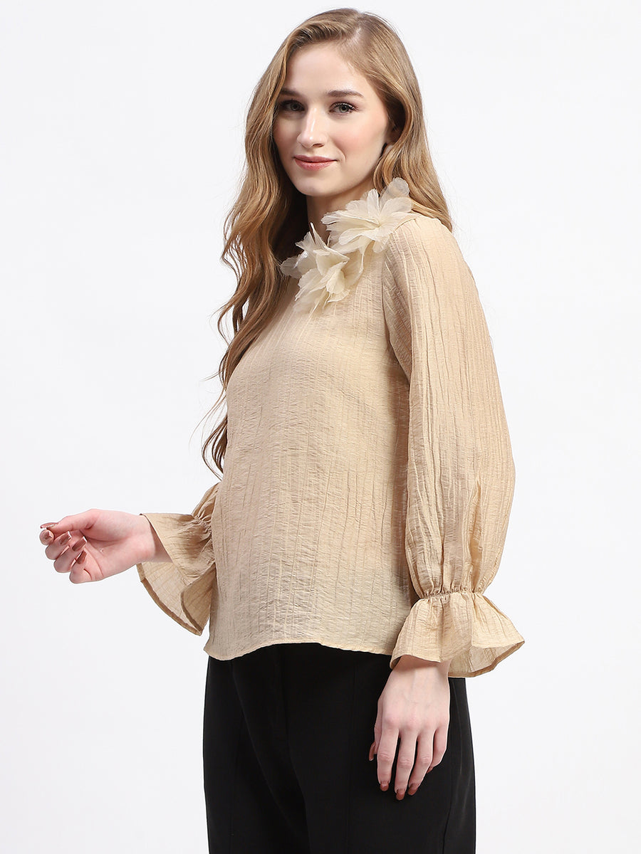 Madame Beige Ruffle Sleeve Textured Tencel Blend Top