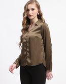 Madame Satin Bell Sleeve Collared Solid Olive Green Top