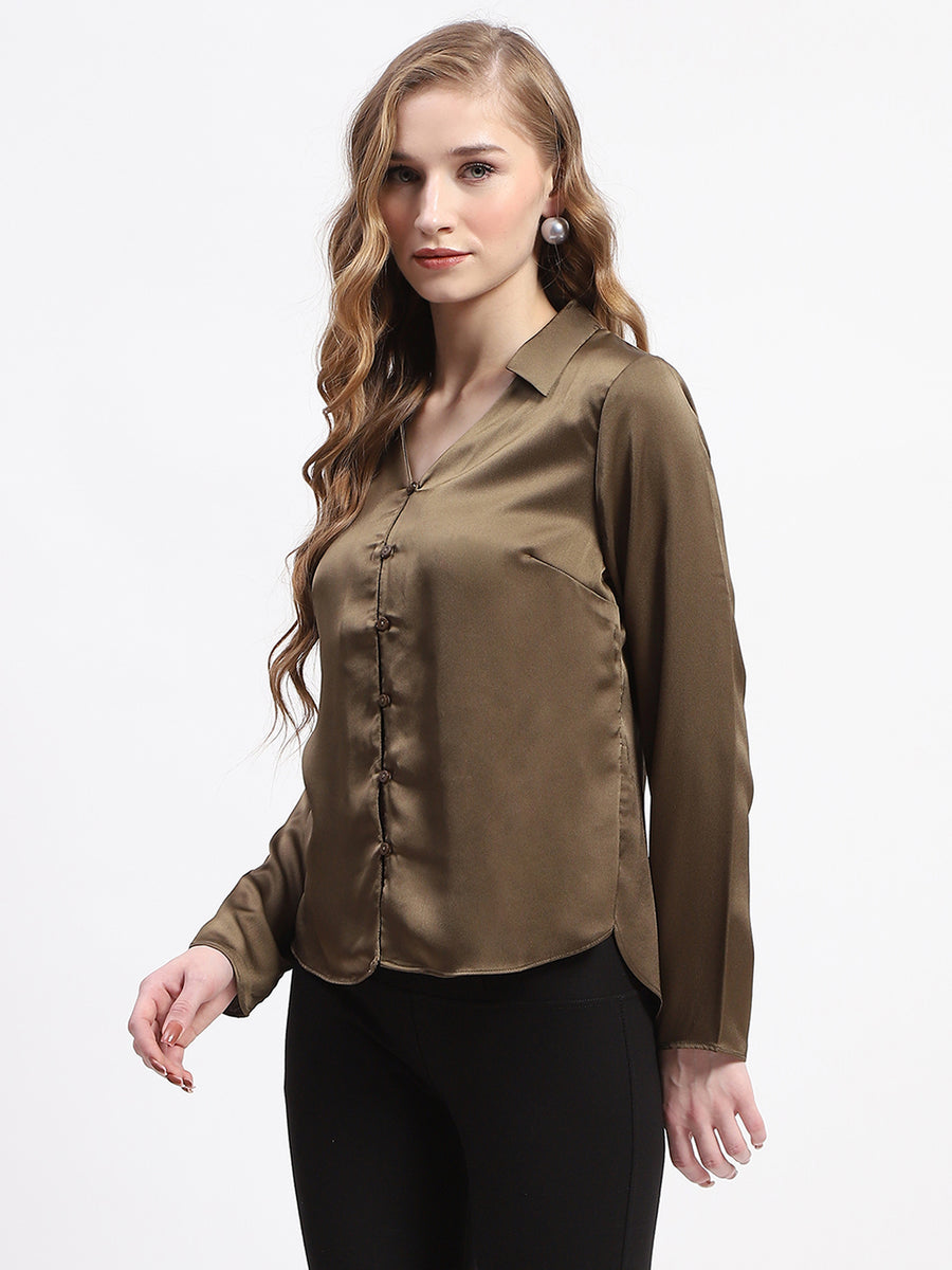 Madame Satin Bell Sleeve Collared Solid Olive Green Top