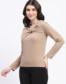 Madame Ring Detailed Embellished Asymmetrical Neck Solid Beige Top