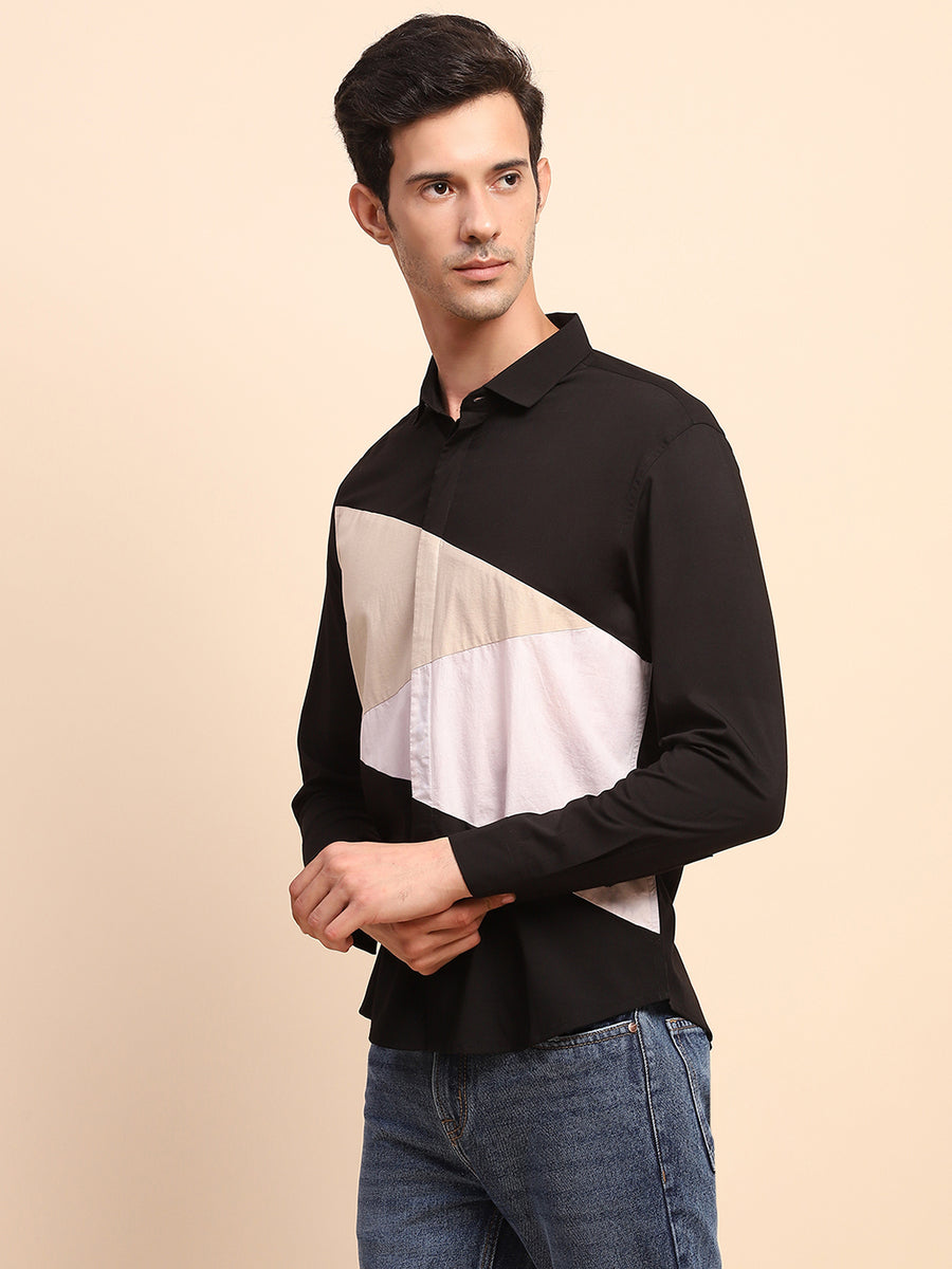 Camla Barcelona Color Block Collared Black Cotton Shirt