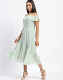 Madame Off Shoulder Ruffle Neckline Floral Print Green Dress