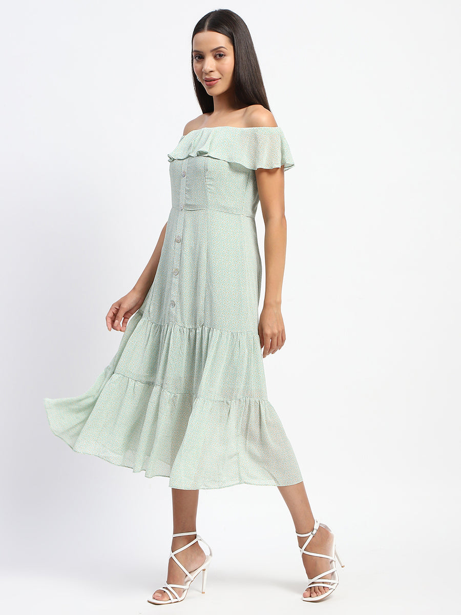 Madame Off Shoulder Ruffle Neckline Floral Print Green Dress